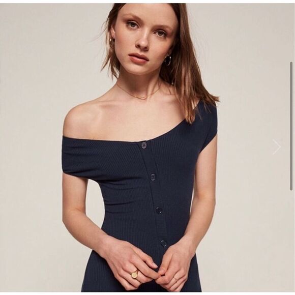 Reformation Women’s Navy Blue Malbec Off Shoulder Button Down Mini Dress Size XS - Picture 1 of 8